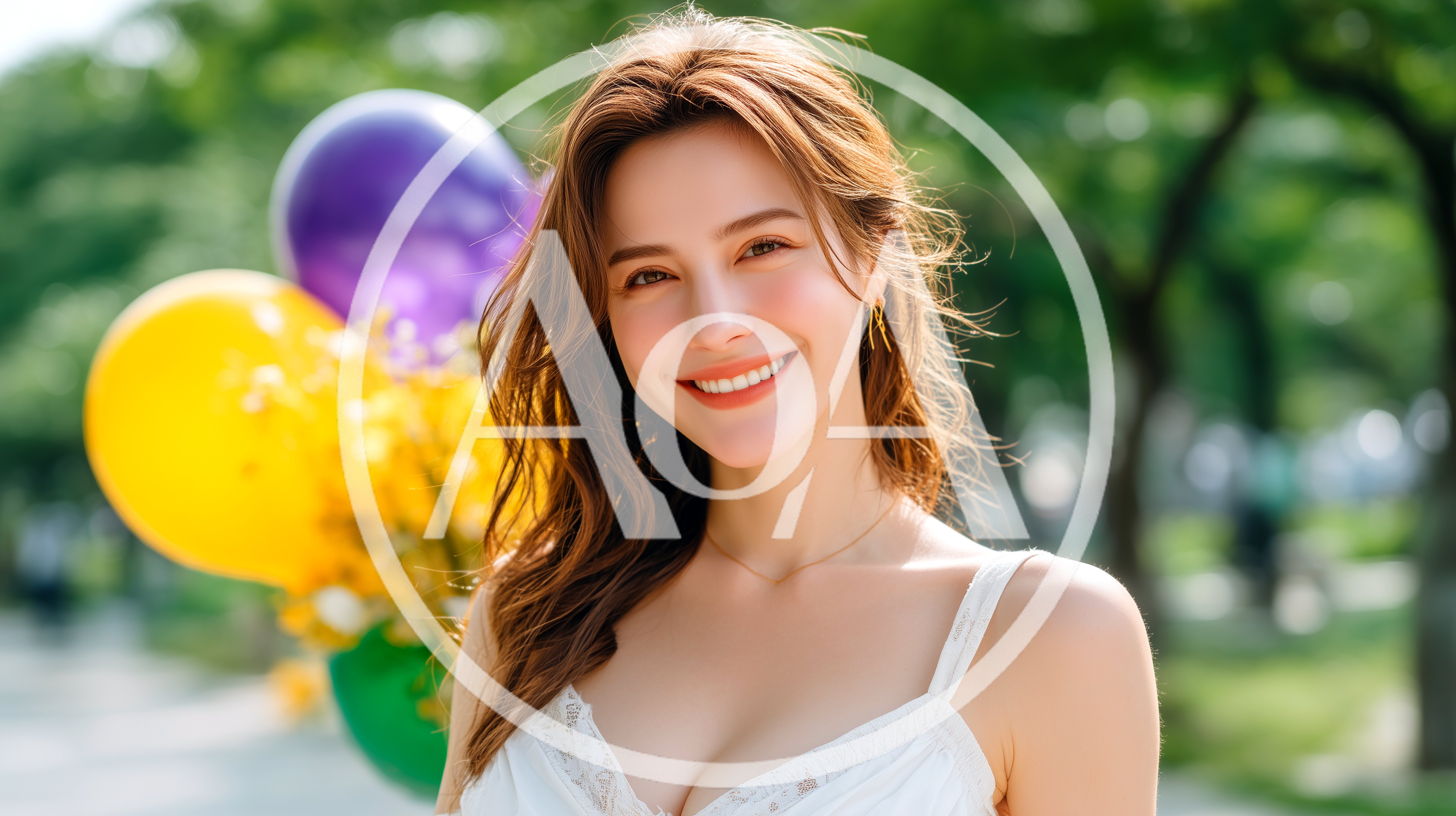 Smiling Young Woman With Balloons In A Park