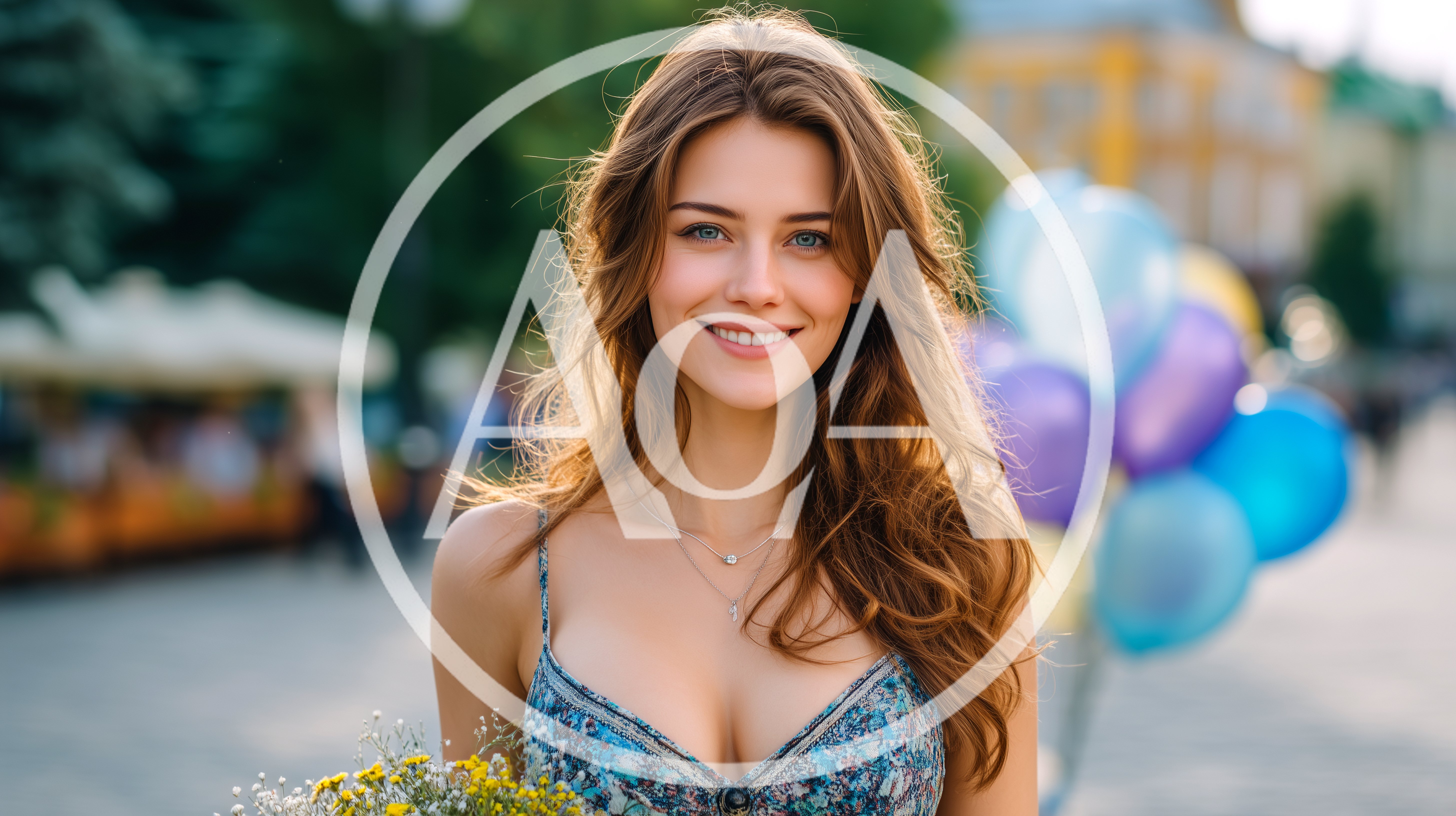 Young Woman Smiling With Flowers And Balloons Outdoors