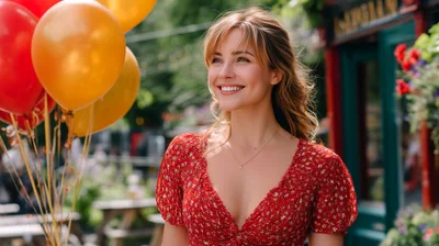 Smiling Woman Holding Balloons Outdoors