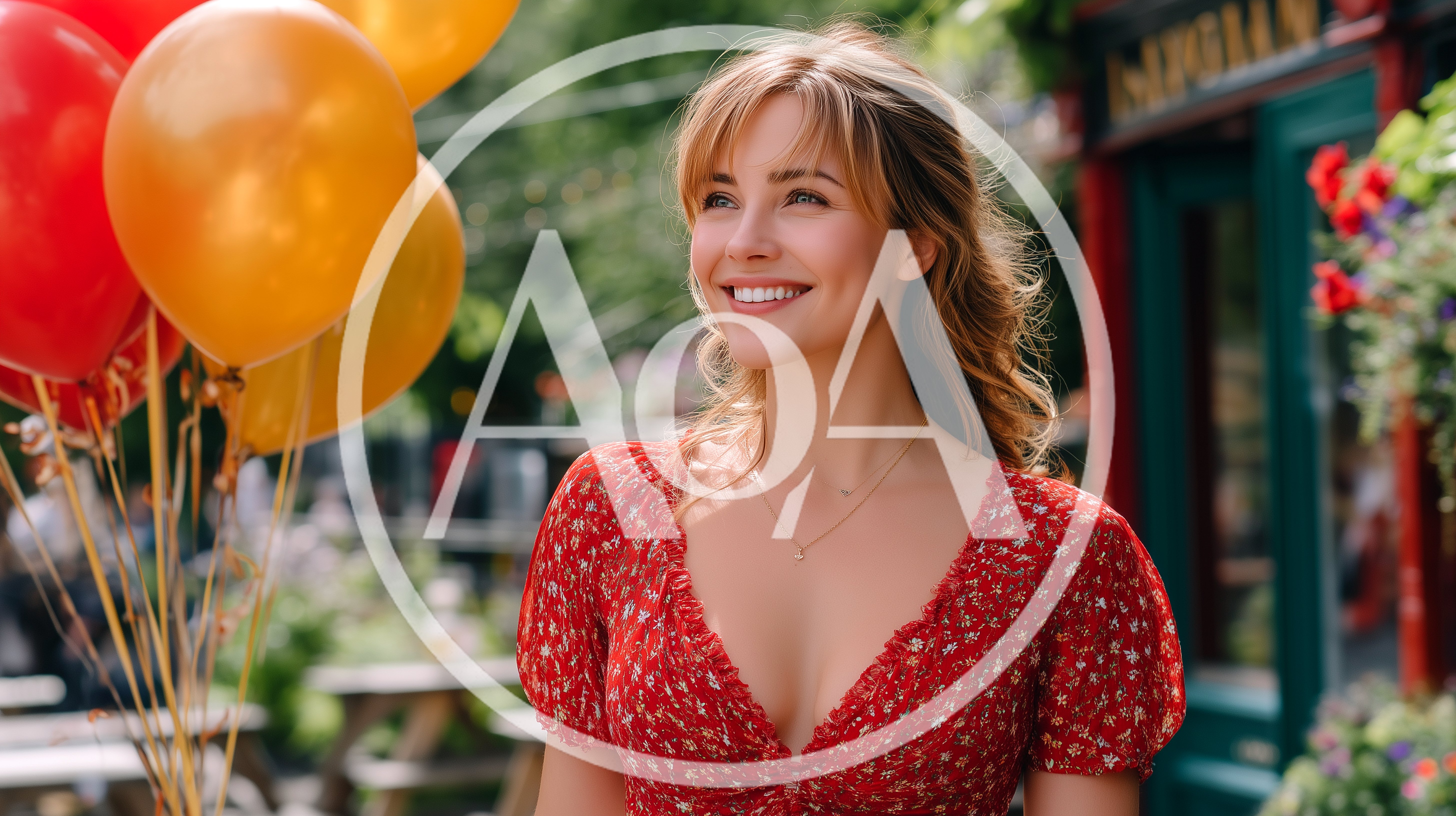 Smiling Woman Holding Balloons Outdoors