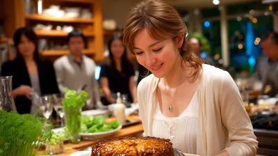 Woman Presenting A Homemade Cake At A Dinner Party