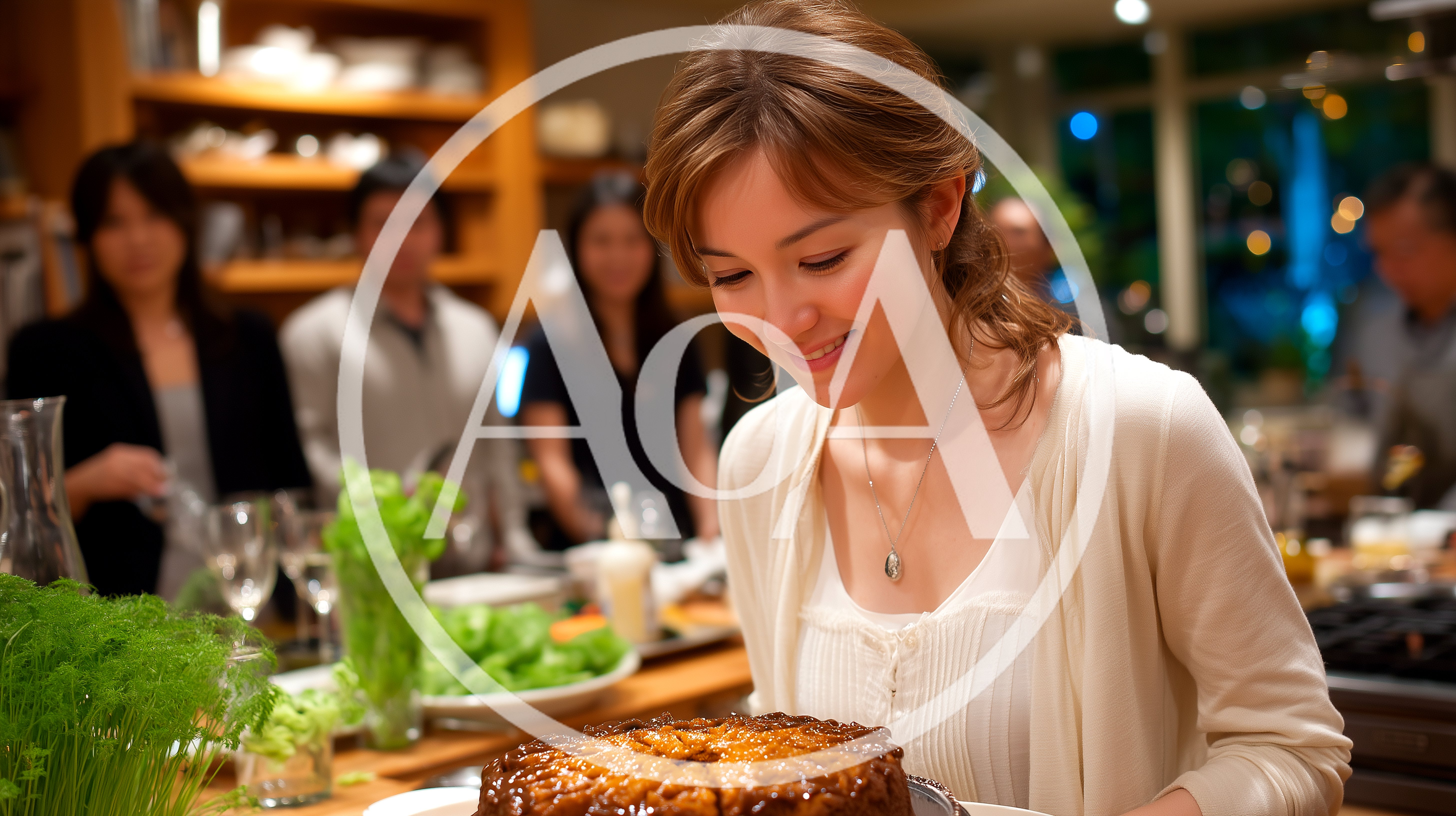 Woman Presenting A Homemade Cake At A Dinner Party