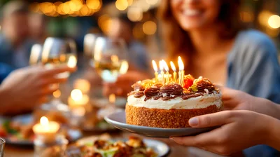 Birthday Celebration With Cake And Candles At Dinner