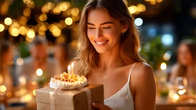 Young Woman Holding Birthday Gift With Lit Candles