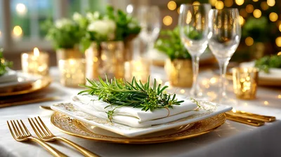 Elegant Holiday Table Setting With Rosemary Sprigs