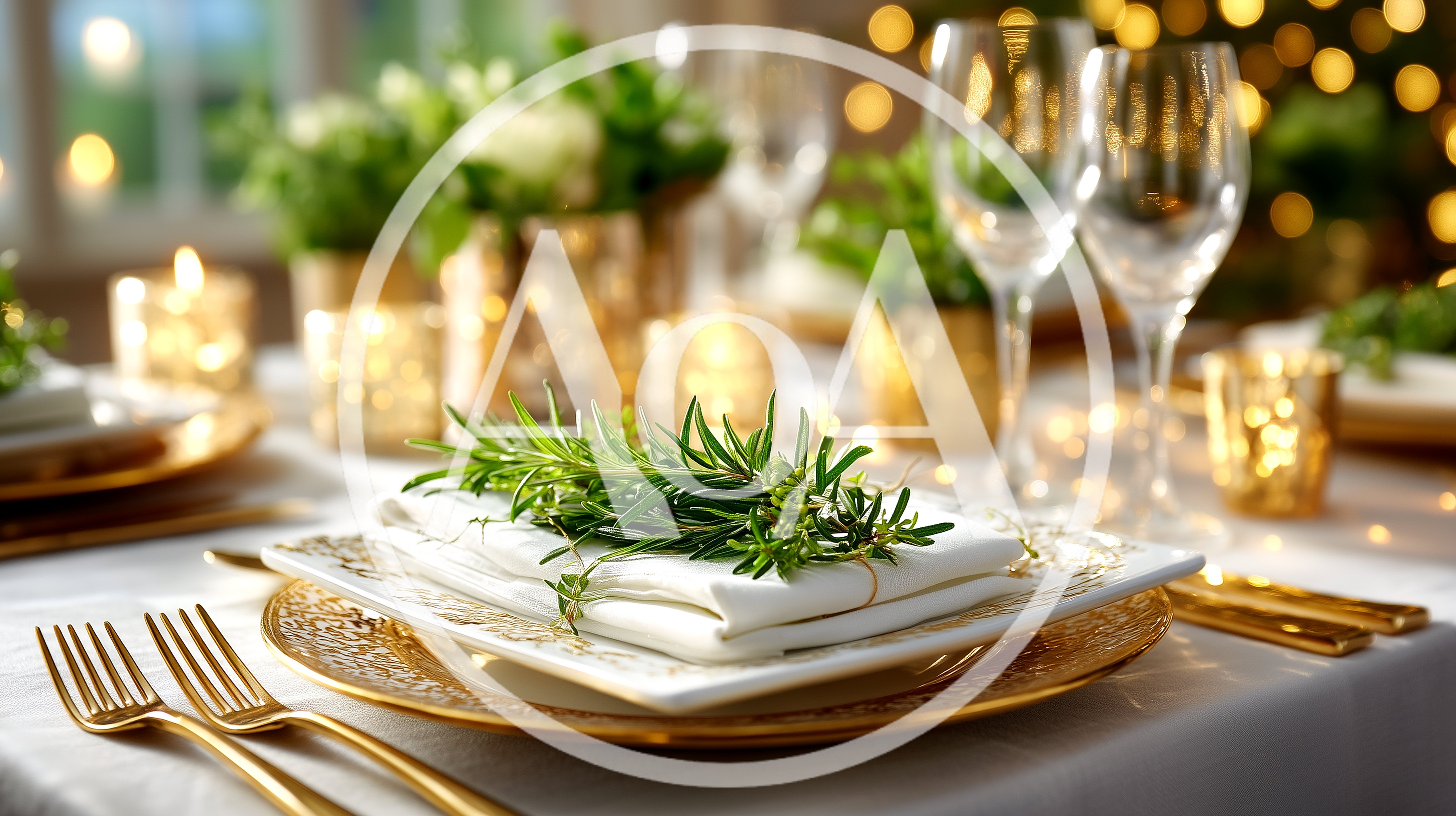 Elegant Holiday Table Setting With Rosemary Sprigs