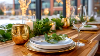 Elegant Holiday Table Setting With Candles And Greenery
