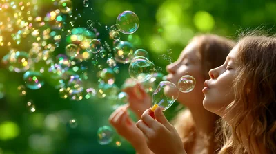 Two Young Girls Blowing Bubbles Outdoors