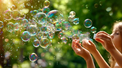 Young Girl Blowing Bubbles Outdoors in Sunlight