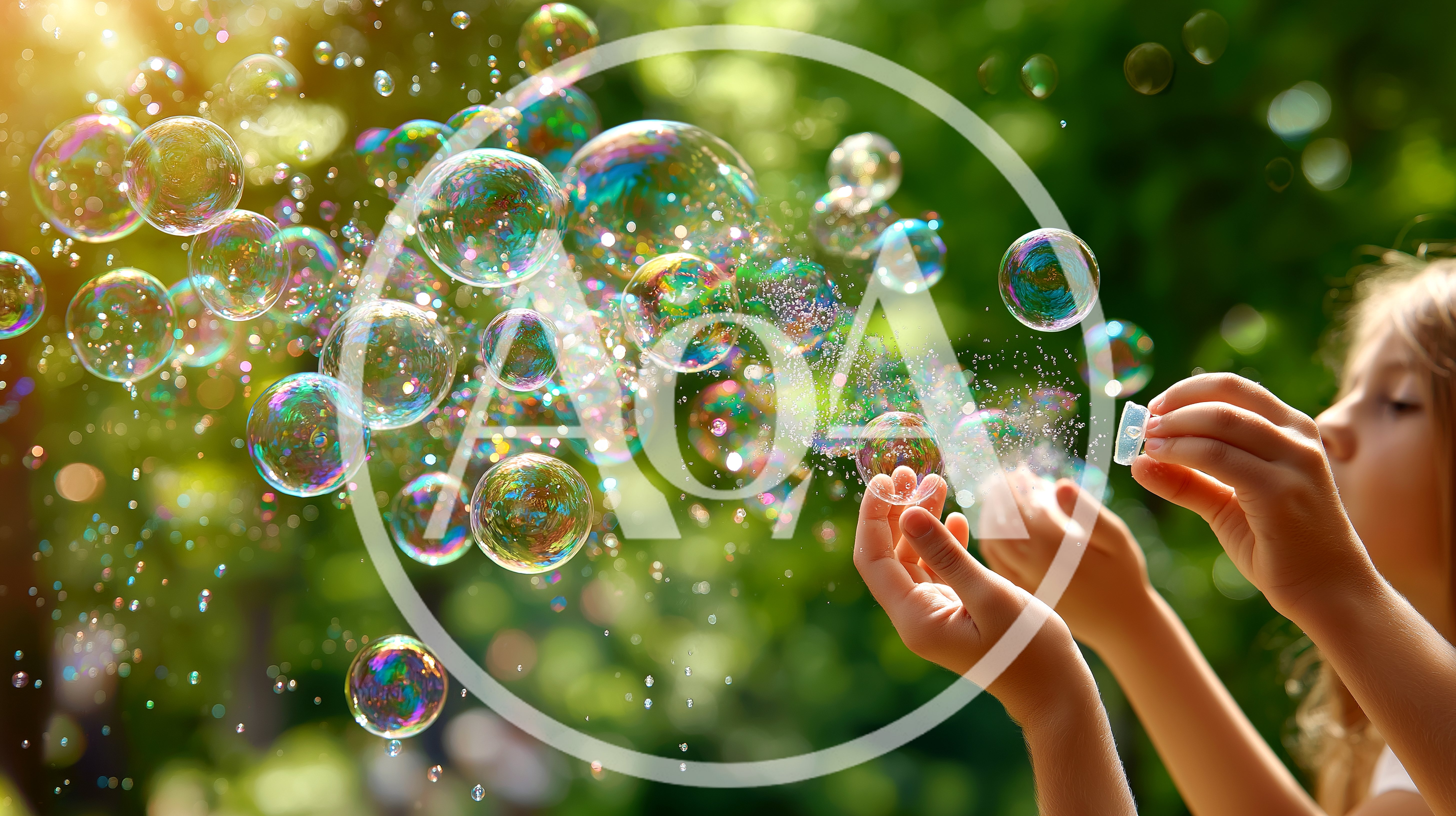 Young Girl Blowing Bubbles Outdoors in Sunlight