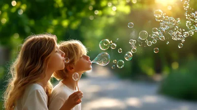 Two Children Blowing Bubbles In A Sunny Park
