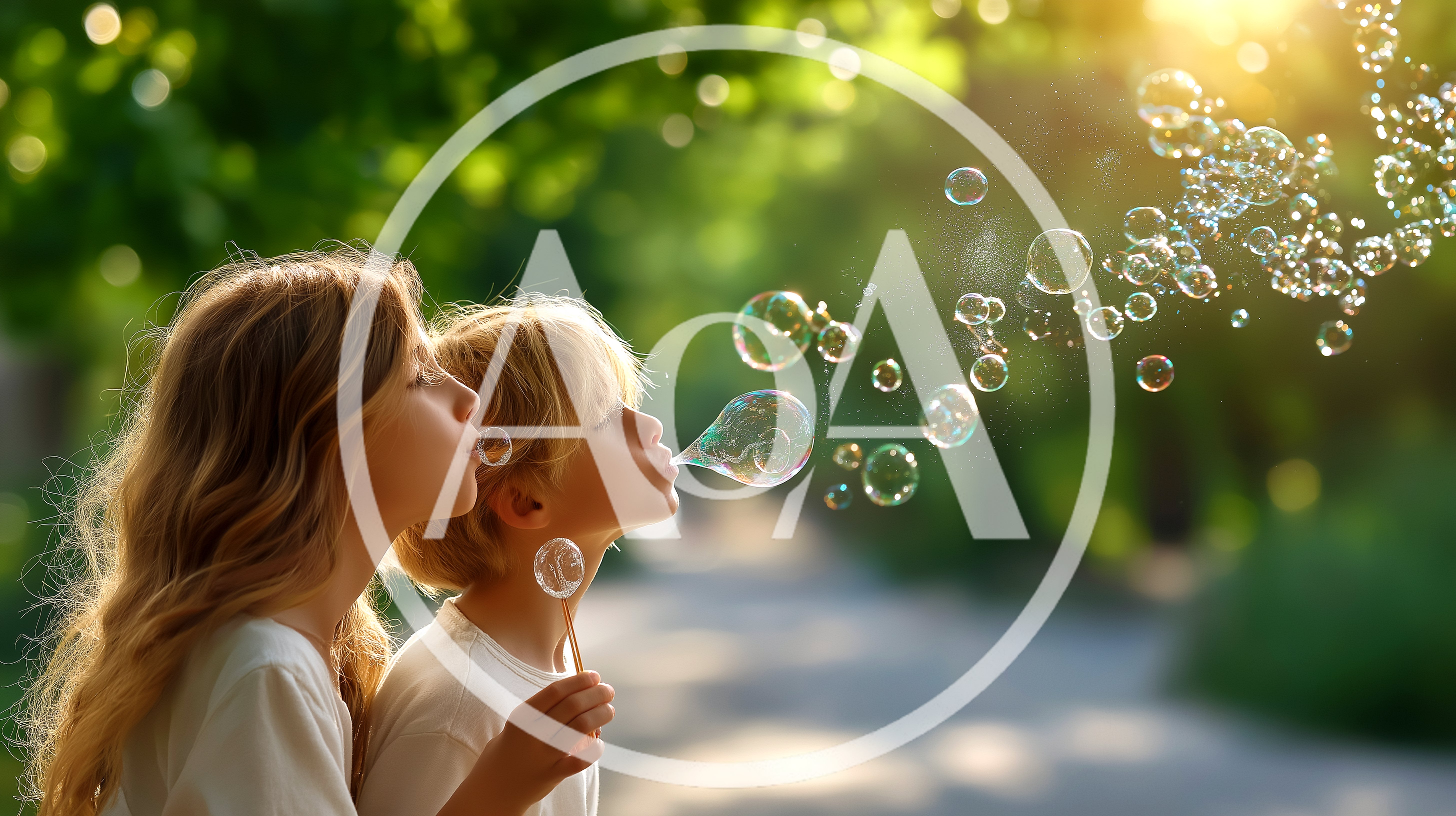 Two Children Blowing Bubbles In A Sunny Park