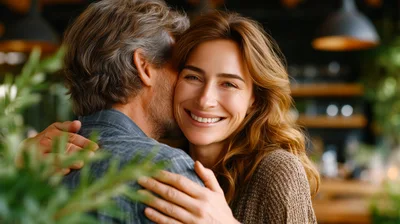 Middle Aged Couple Embracing Affectionately In A Cozy Cafe