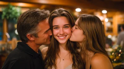 Father And Daughter Kissing Mother On Cheeks