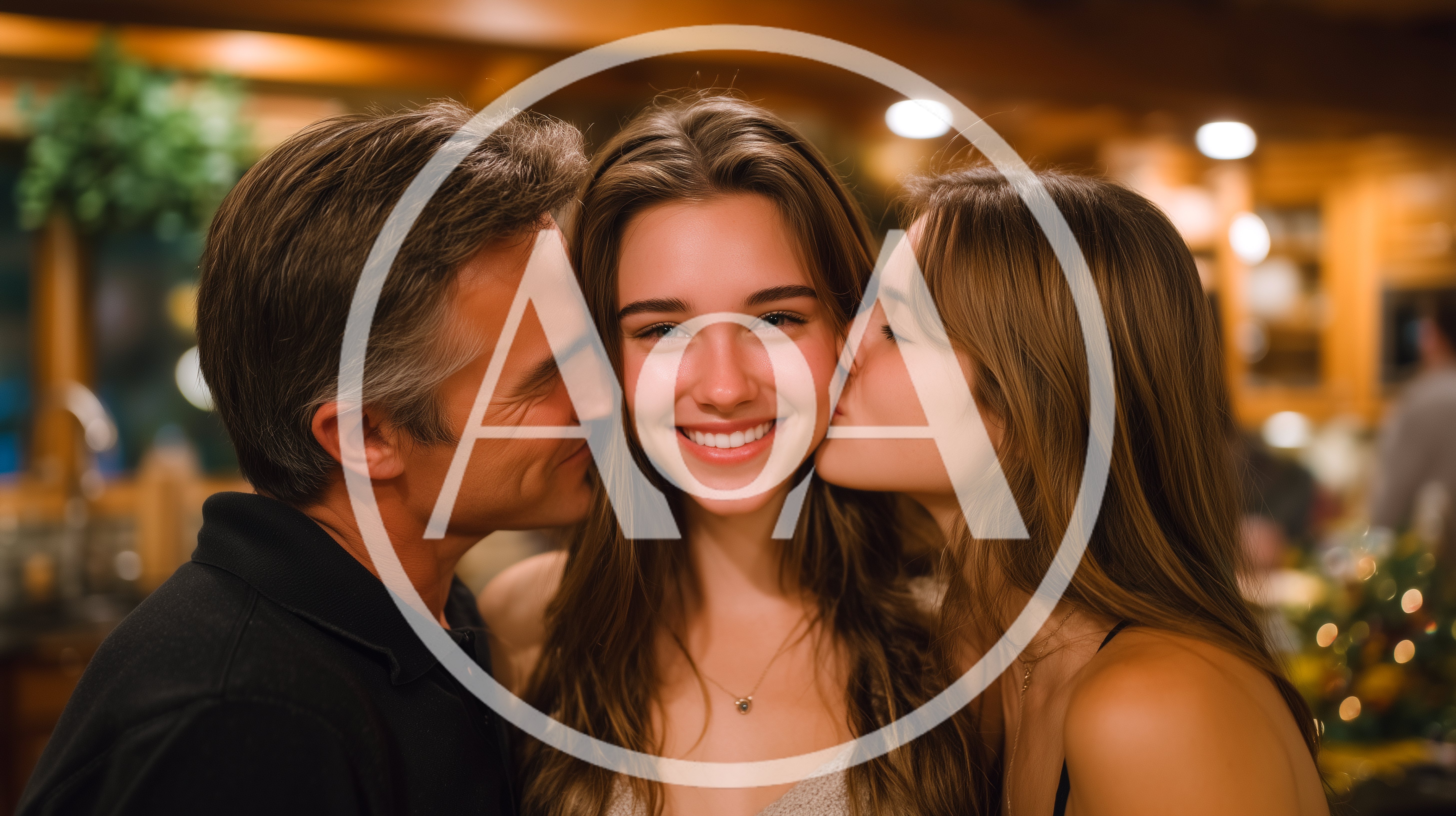 Father And Daughter Kissing Mother On Cheeks