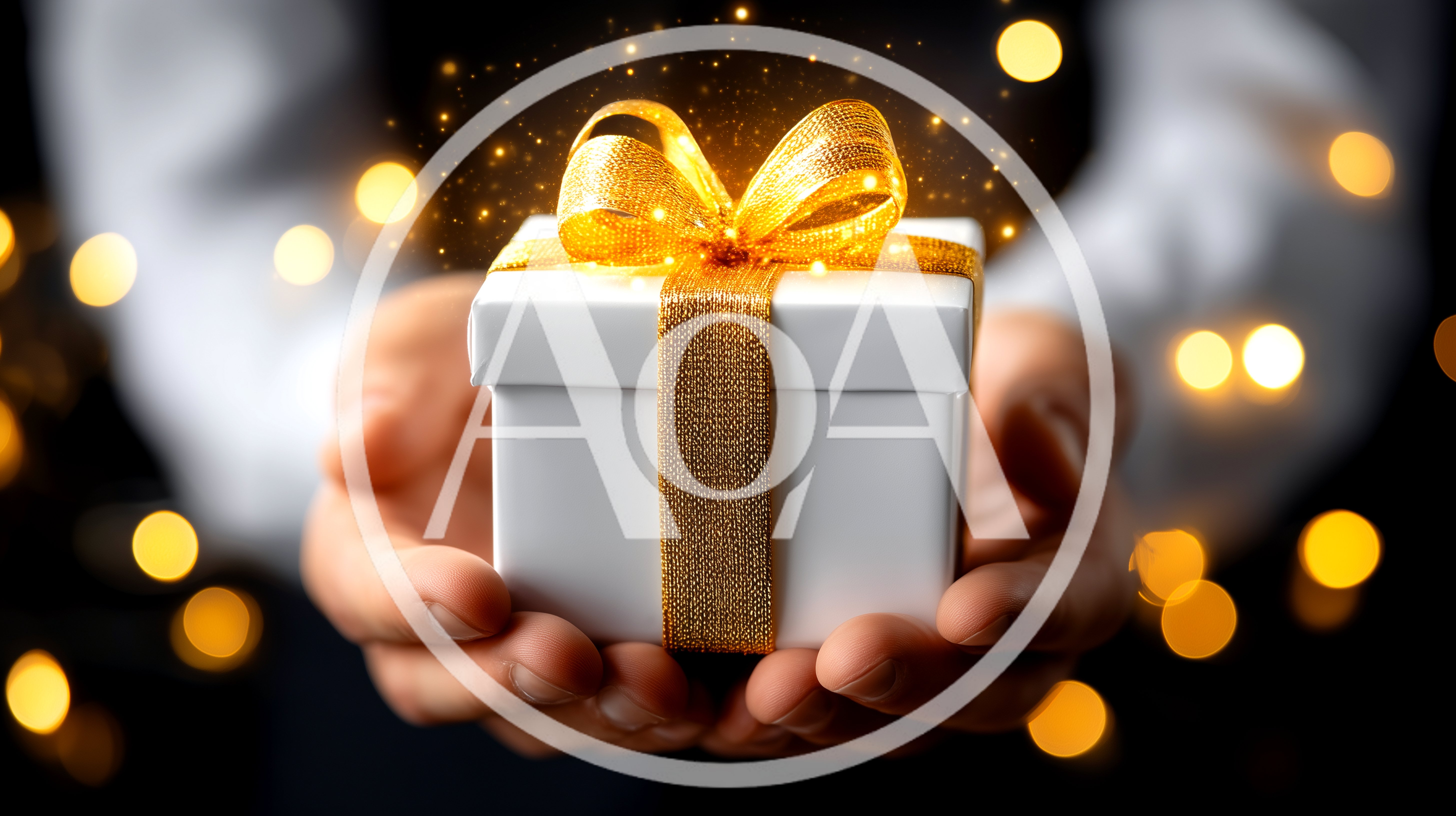 Person Holding A White Gift Box With Gold Ribbon