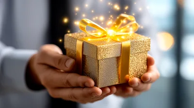 Person Holding A Glowing Golden Gift Box