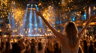 Woman Celebrating With Arms Raised At A Festive Event