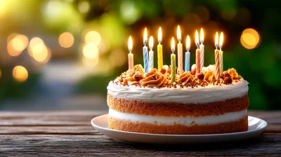 Birthday Cake With Lit Candles On Wooden Table