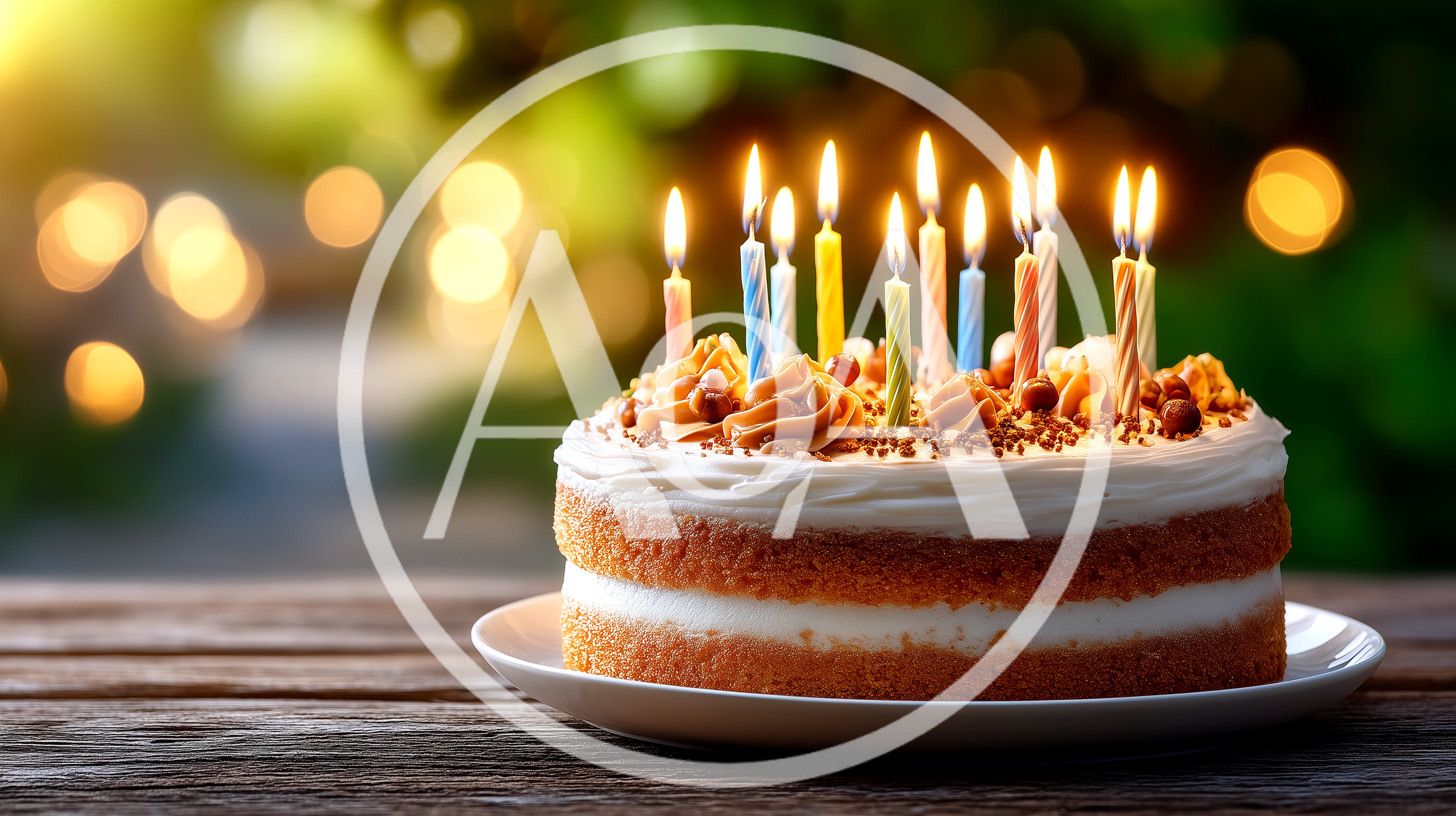 Birthday Cake With Lit Candles On Wooden Table