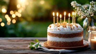 Birthday Cake With Lit Candles On Wooden Table