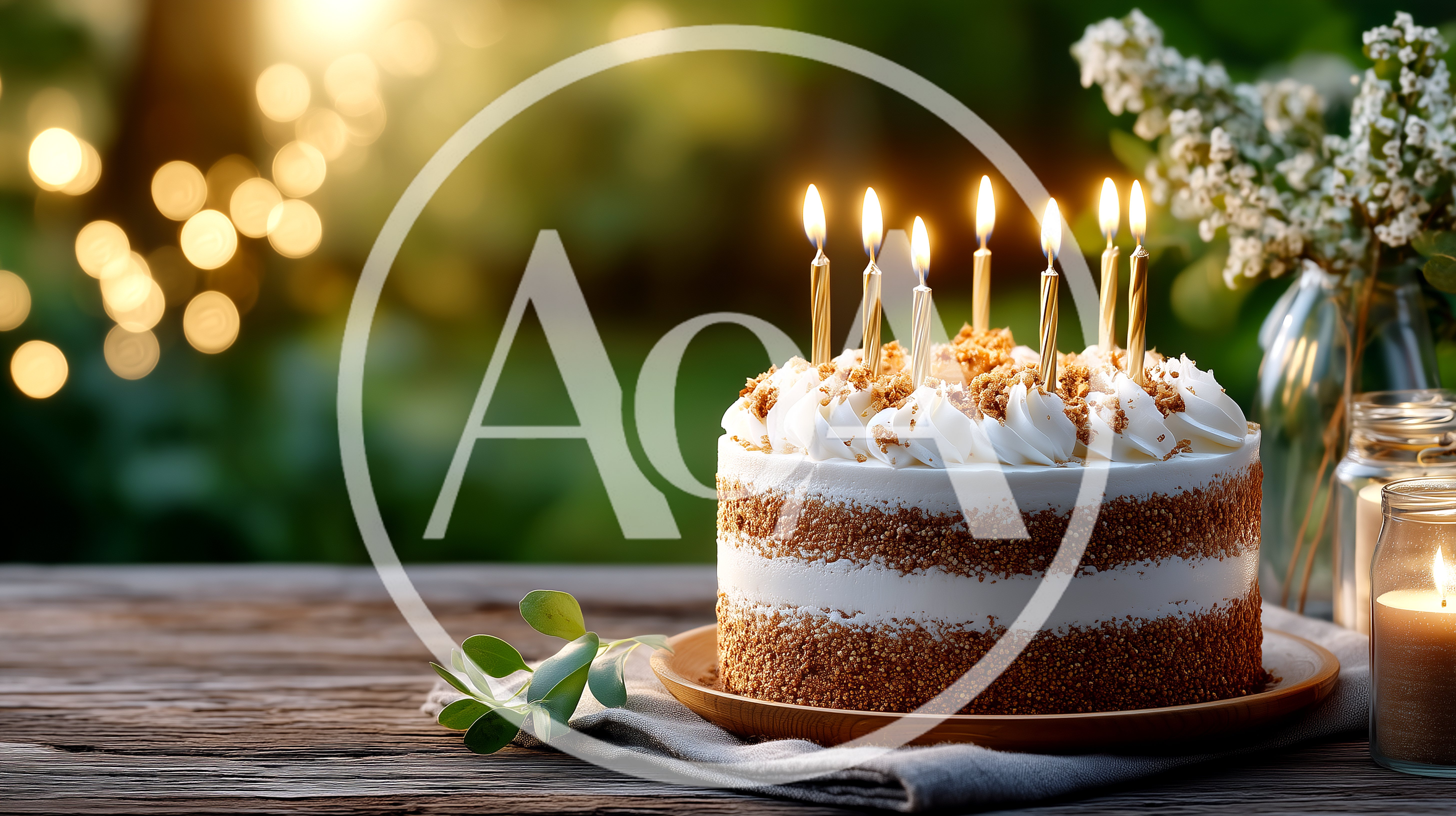 Birthday Cake With Lit Candles On Wooden Table