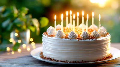 Birthday Cake With Lit Candles On Wooden Table