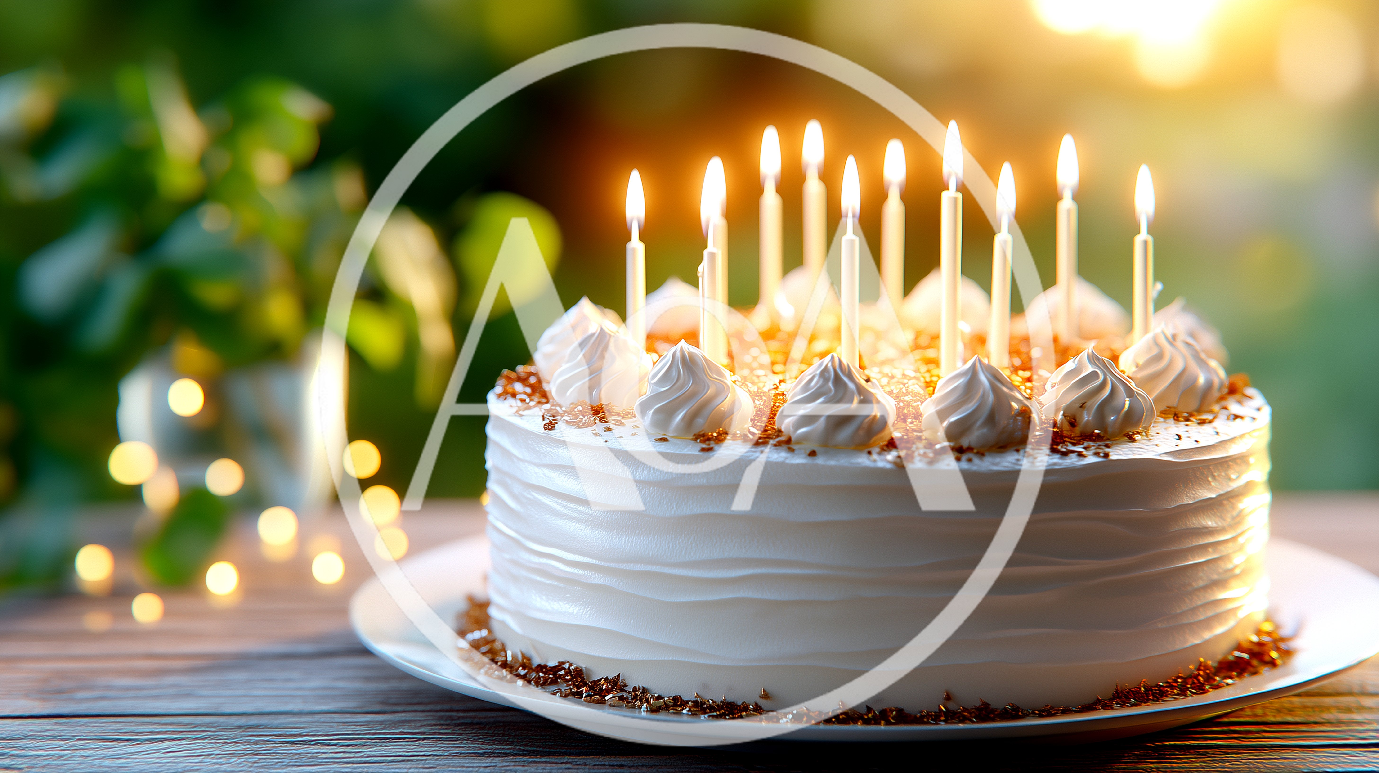 Birthday Cake With Lit Candles On Wooden Table