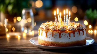 Birthday Cake With Lit Candles On Wooden Table