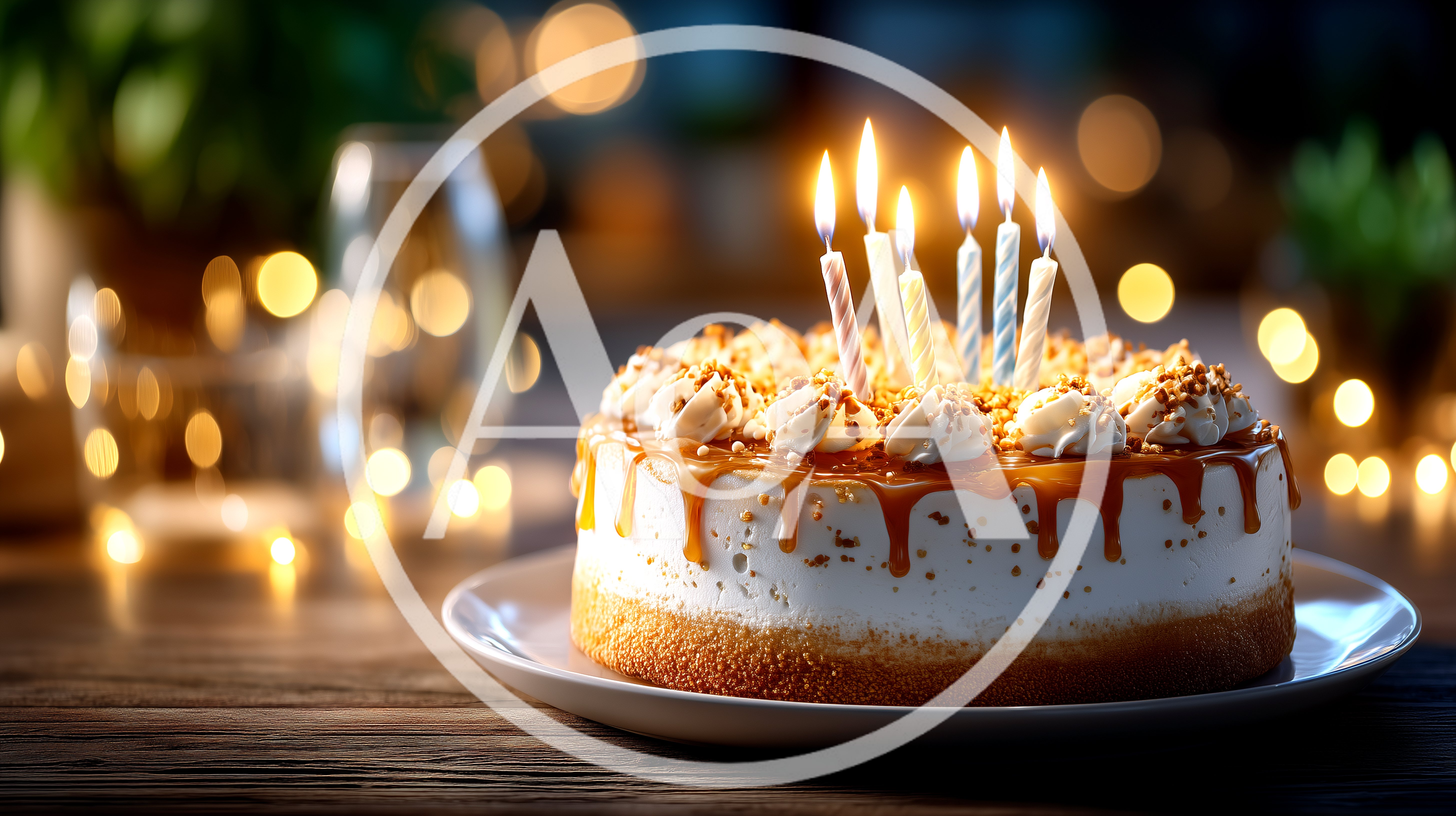 Birthday Cake With Lit Candles On Wooden Table