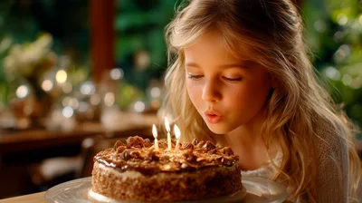 Young Girl Blowing Out Birthday Cake Candles