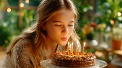 Young Girl Blowing Out Birthday Candles On Cake