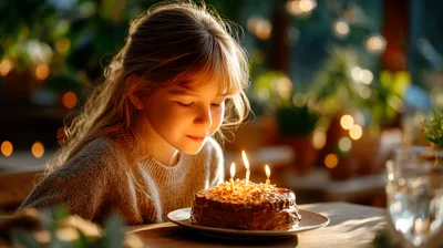 Young Girl Blowing Out Birthday Candles on Cake
