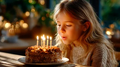 Young Girl Blowing Out Birthday Candles On Cake