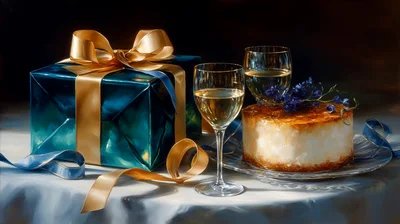 Elegant Gift Box With Cake And Wine Glasses