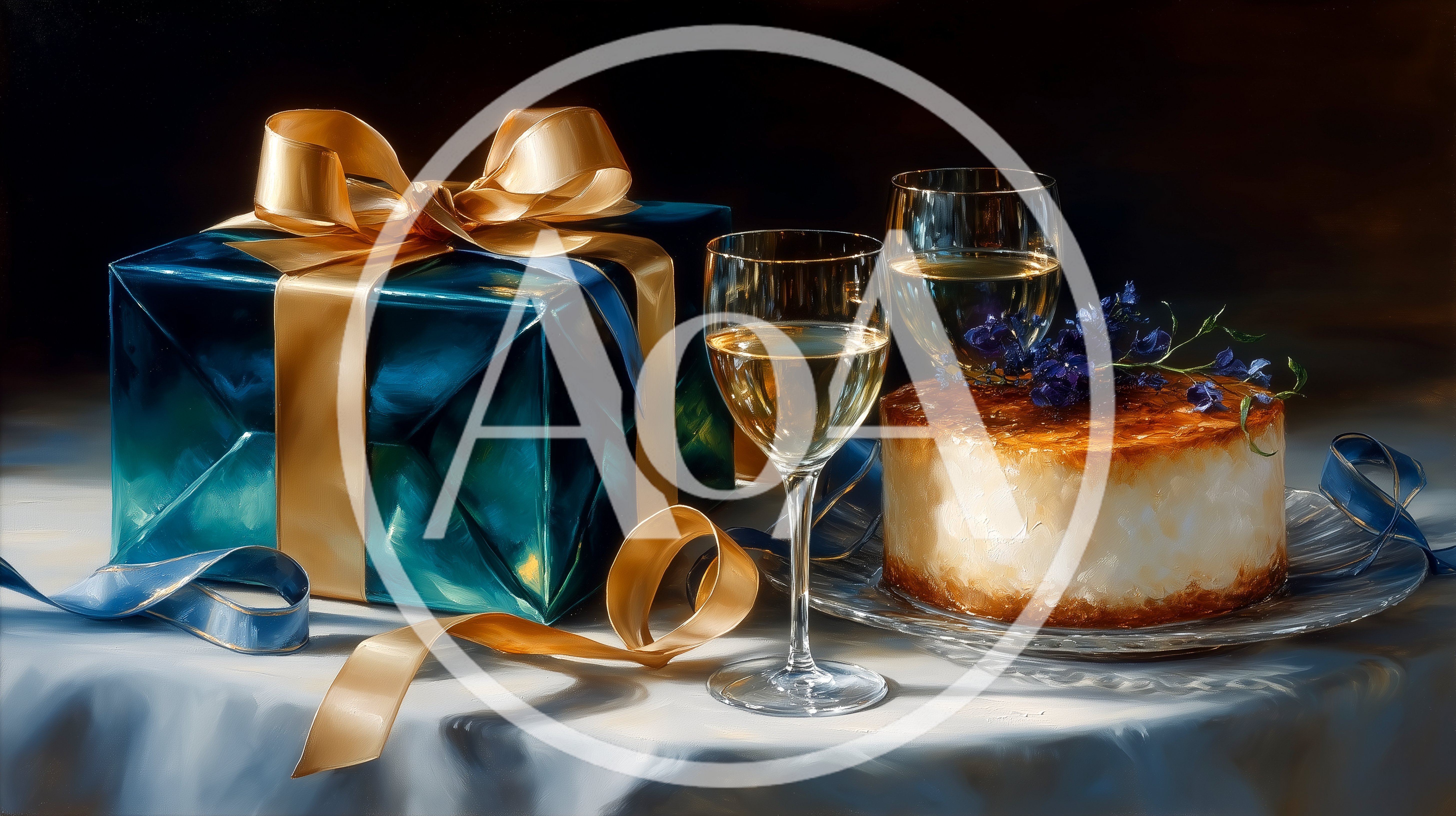 Elegant Gift Box With Cake And Wine Glasses
