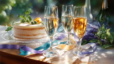 Celebratory Cake and Champagne Flutes on Table