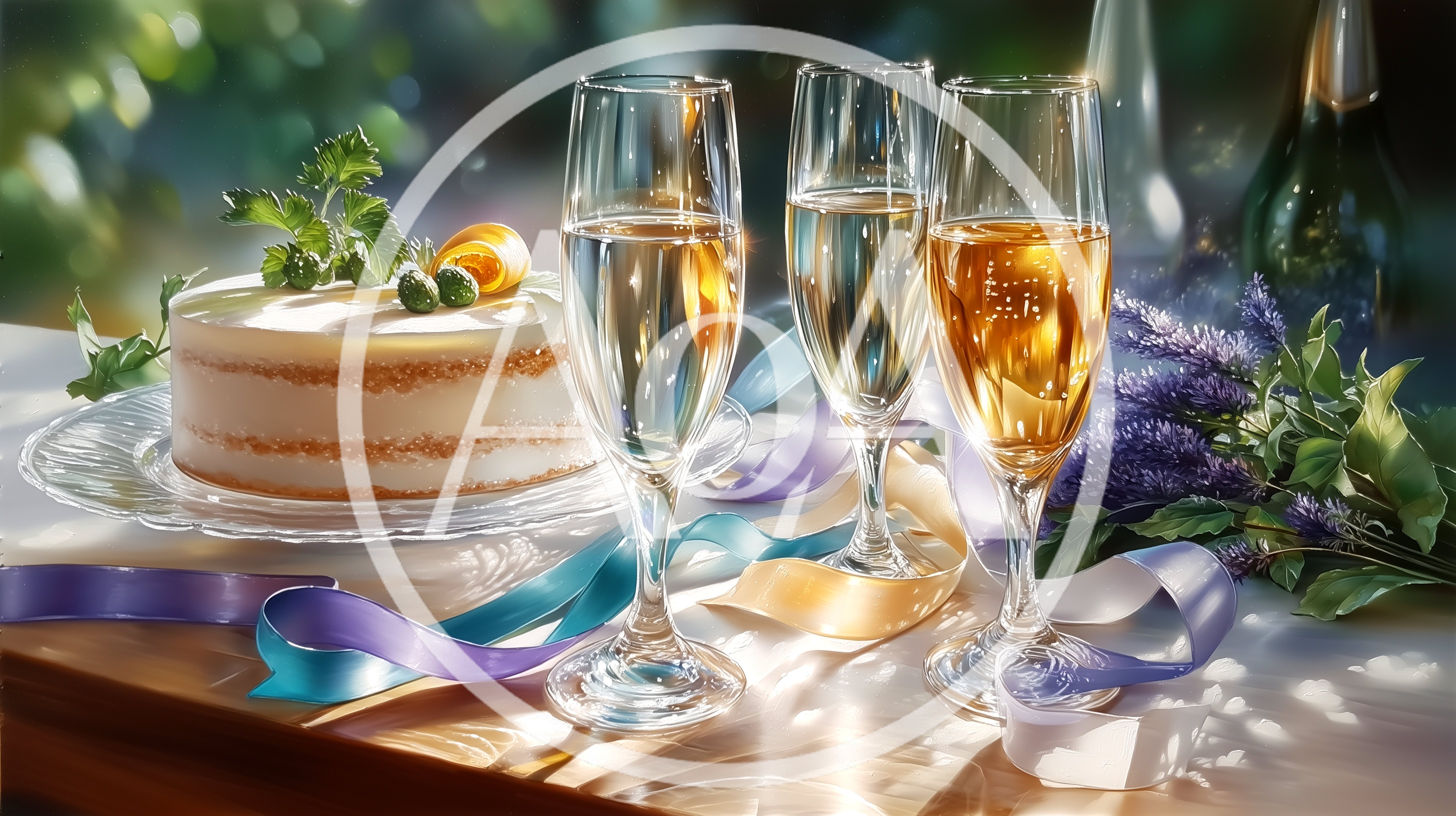 Celebratory Cake and Champagne Flutes on Table
