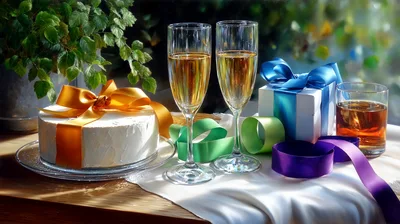 Celebratory Cake With Champagne Flutes And Gift Boxes