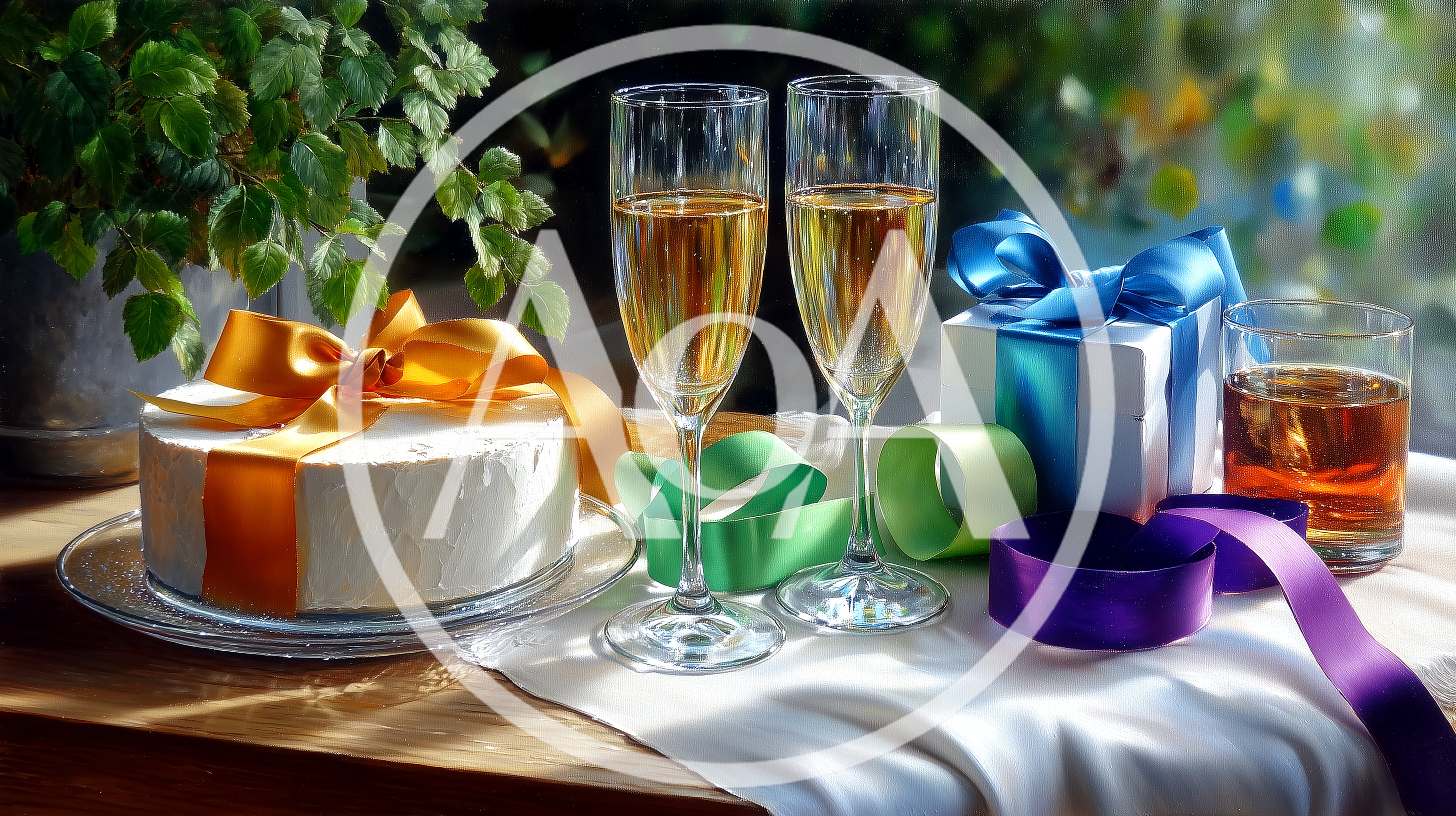 Celebratory Cake With Champagne Flutes And Gift Boxes