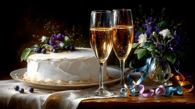 Celebratory Cake With Champagne Flutes And Flowers