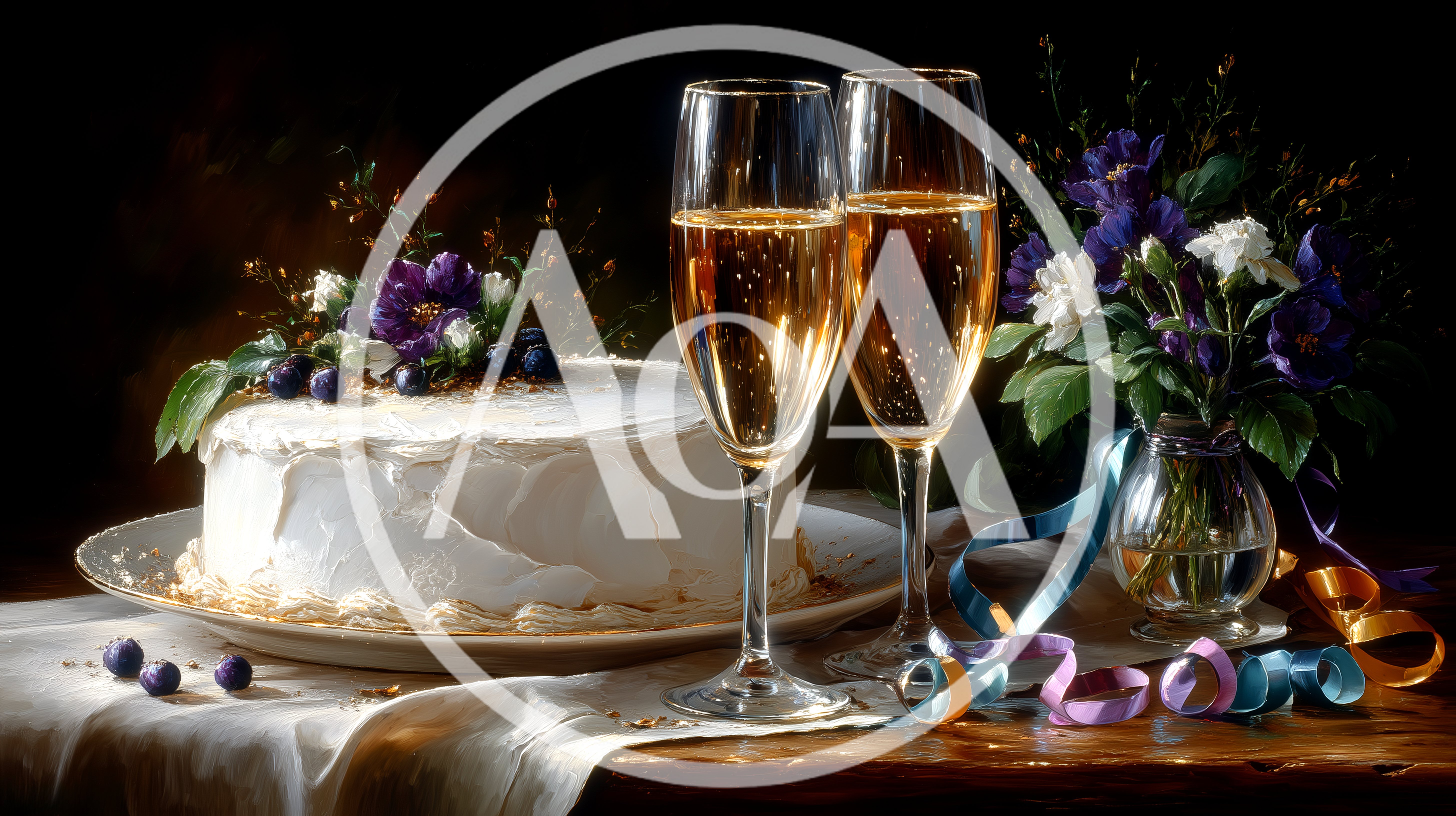 Celebratory Cake With Champagne Flutes And Flowers