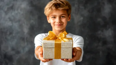 Young Boy Holding Out A Gift Box