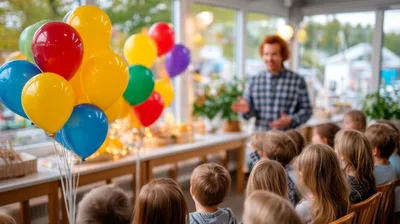 Teacher Leading A Classroom Lesson With Colorful Balloons