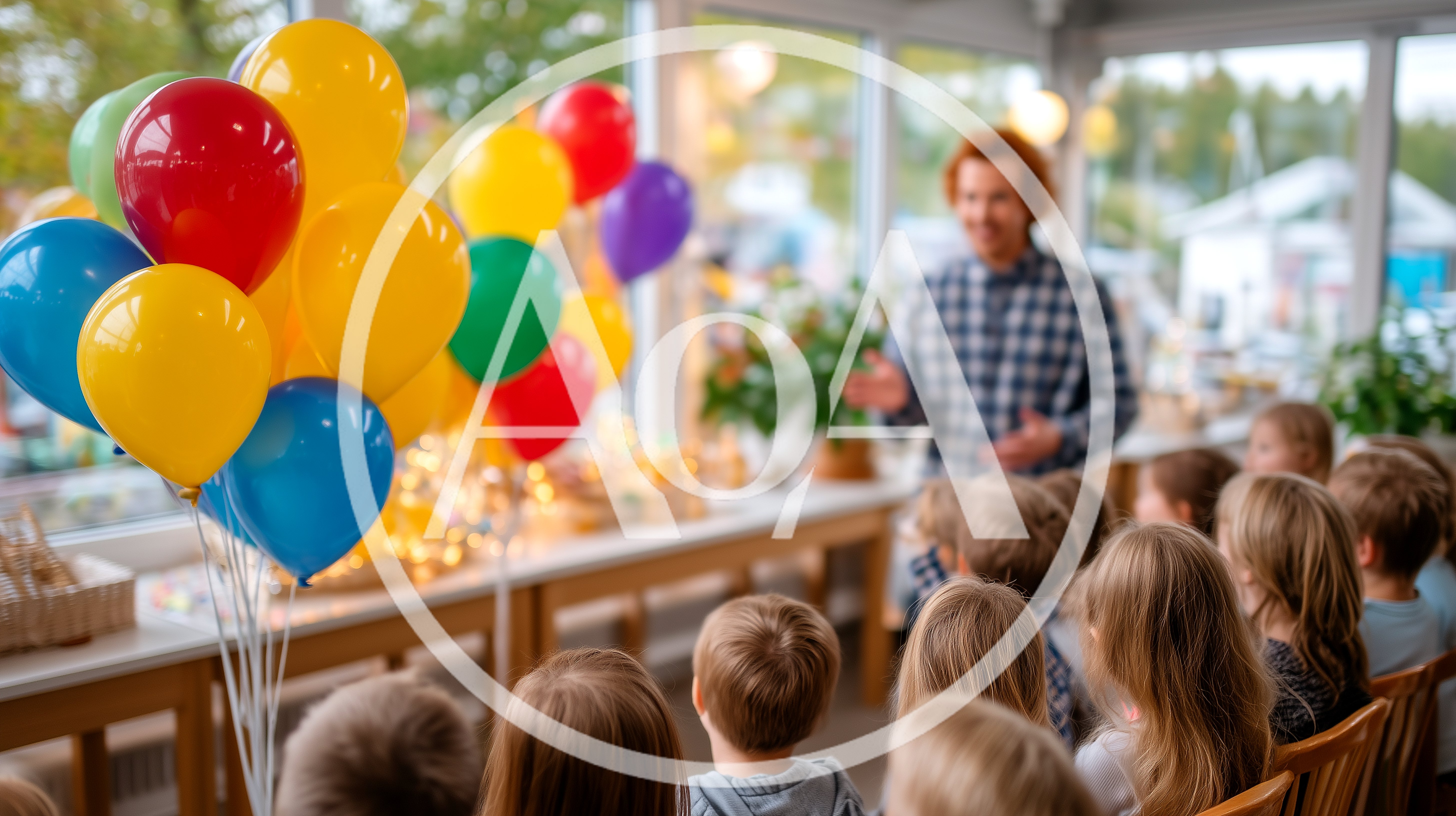 Teacher Leading A Classroom Lesson With Colorful Balloons