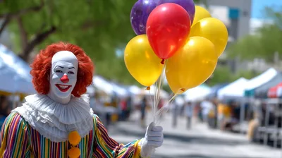 Pennywise Clown Character Holding Balloons At Outdoor Market