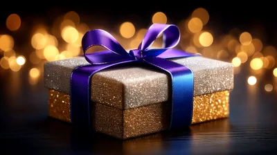 Glittering Gift Box With Purple Ribbon On Dark Surface