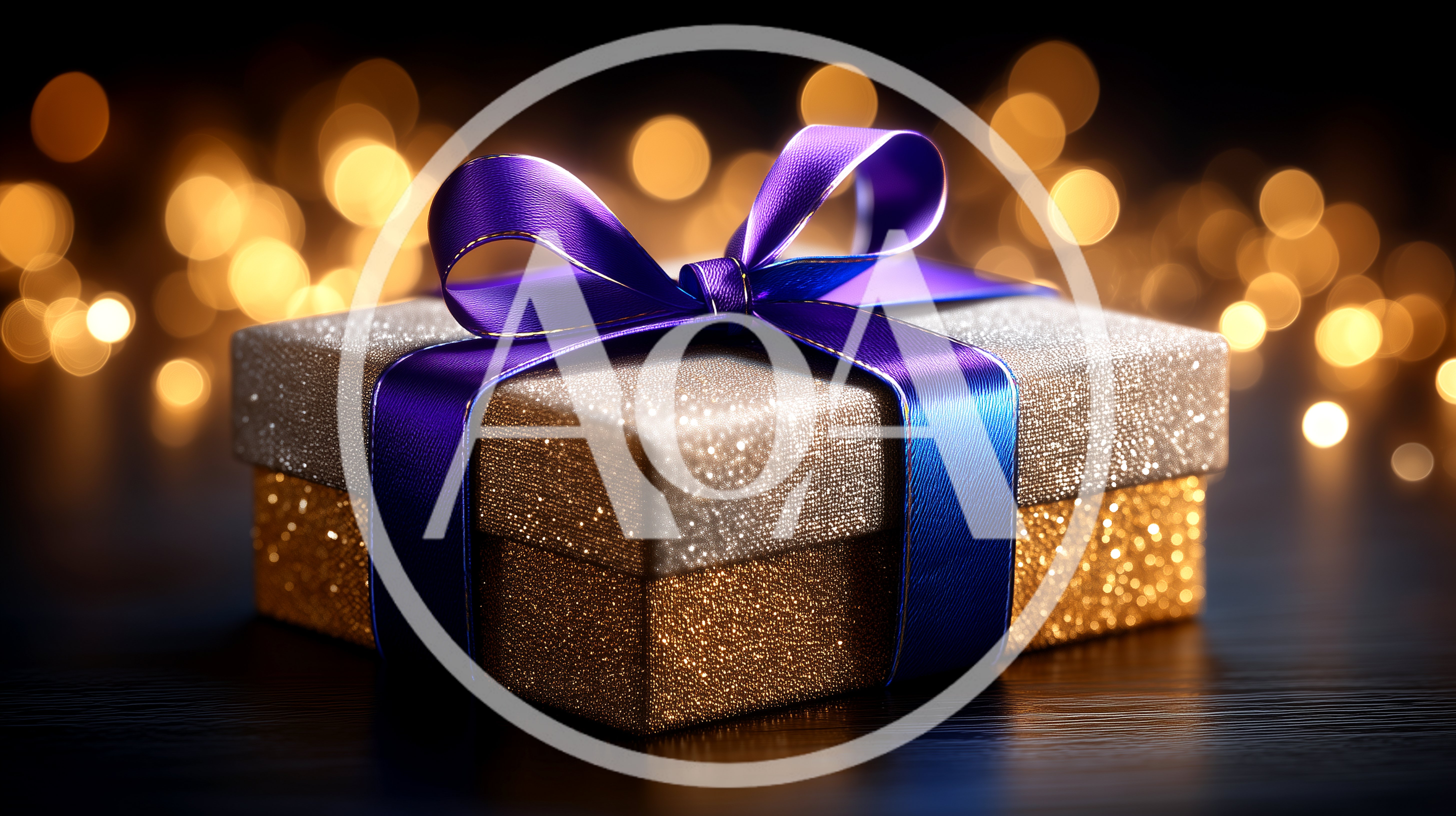Glittering Gift Box With Purple Ribbon On Dark Surface