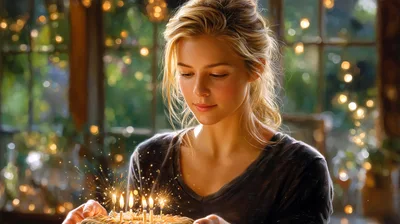 Young Woman Holding A Birthday Cake With Lit Candles
