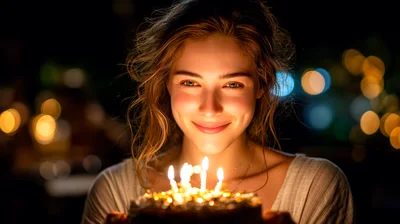 Young Woman Holding Birthday Cake With Lit Candles